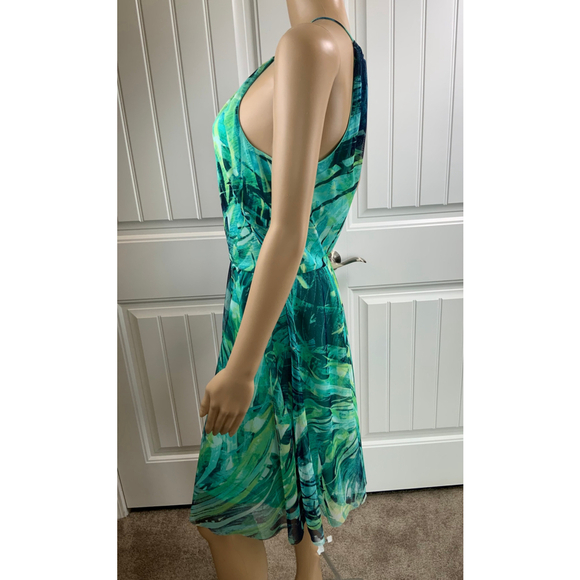 New York & Co. Woman's Halter Dress Size Med Green Blue Tropical Vacation Resort - Picture 7 of 14